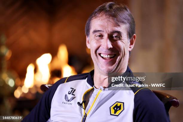 Julen Lopetegui, Manager of Wolverhampton Wanderers is interviewed following a Wolverhampton Wanderers Training Session on December 12, 2022 in...