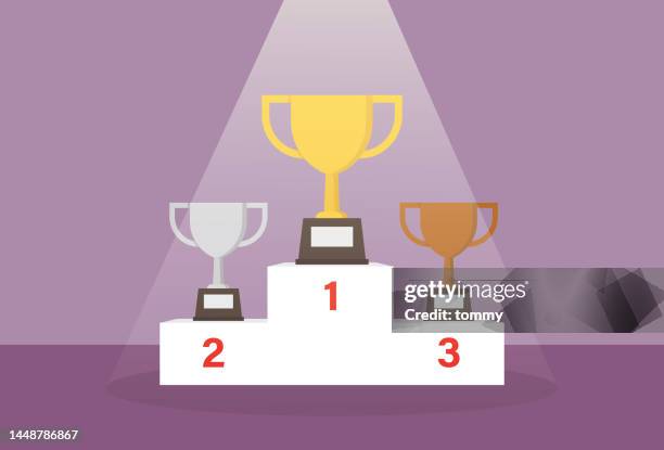 pokal auf dem siegertreppchen - winners podium stock-grafiken, -clipart, -cartoons und -symbole