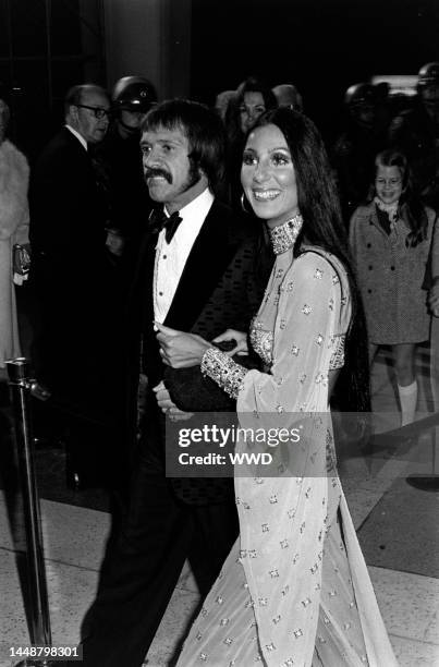 Sonny Bono and Cher attend the 45th Academy Awards in Los Angeles, California, on March 27, 1973.