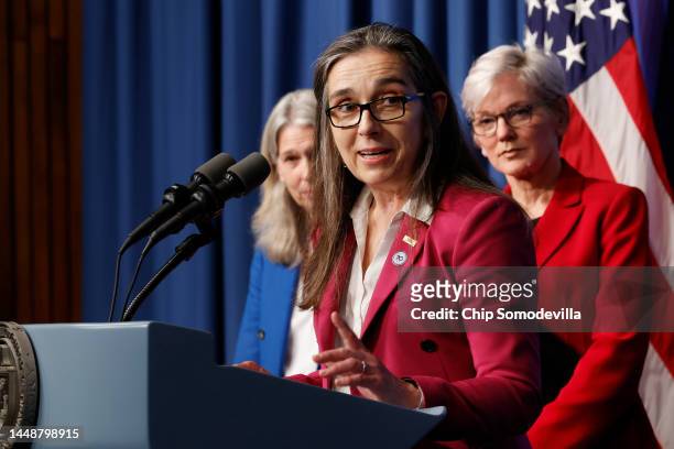 Lawrence Livermore National Laboratories Director Dr. Kim Budil speaks during a news conference with National Nuclear Security Administration head...