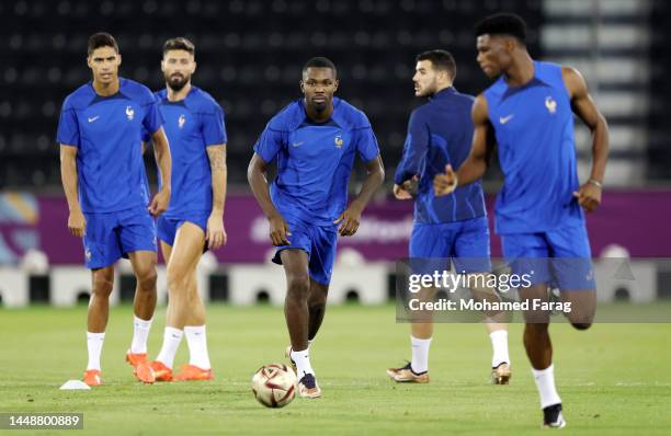Marcus Thuram of France trains during the France Training Session at Al Sadd SC on December 13, 2022 in Doha, Qatar.
