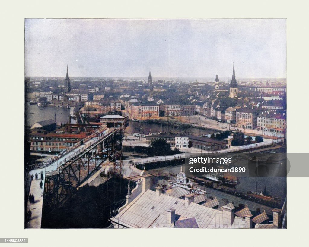 Antique photograph, colorized, Cityscape of Stockholm, Sweden in the 19th Century, Katarina Elevator, Port