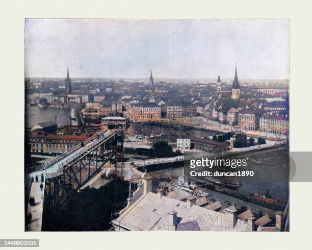 antique photograph, colorized, cityscape of stockholm, sweden in the 19th century, katarina elevator, port - stockholm city stock illustrations