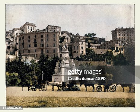 Antique photograph, colorized, of Statue of Columbus, Genoa, Italy, Horse and carriages lined up 19th Century