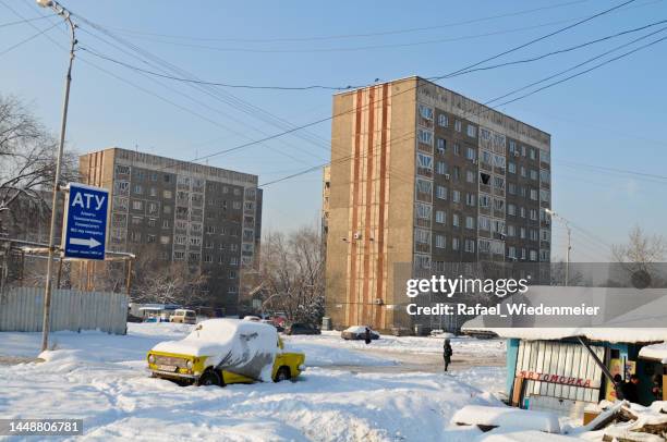 almaty residential bulding in winter - almaty stock pictures, royalty-free photos & images