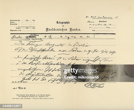 Handwriting telegram from William I or  Wilhelm I, German Emperor to Queen Augusta from battlefield of Sedan (September 1870)