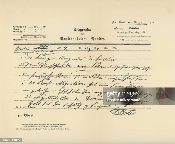 handwriting telegram from william i or  wilhelm i, german emperor to queen augusta from battlefield of sedan (september 1870) - german politicians stock pictures, royalty-free photos & images
