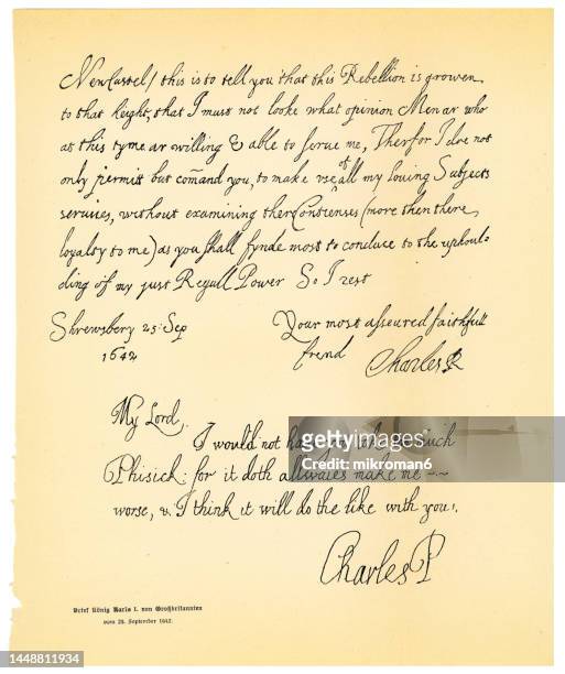 handwritten letter from king charles i of great britain, from september 25, 1642 - english language stock pictures, royalty-free photos & images