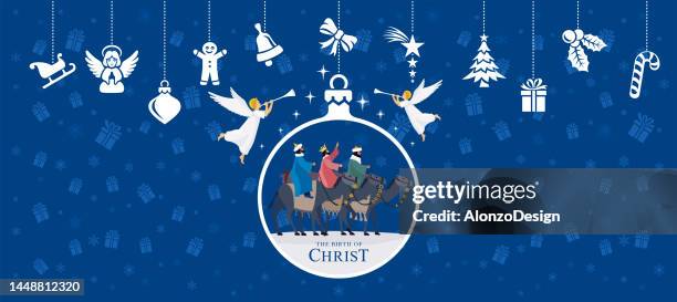 ilustraciones, imágenes clip art, dibujos animados e iconos de stock de belén. estrella brillante y tres reyes magos. baile de navidad. - angel de navidad para arbol