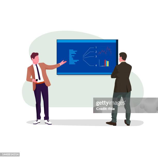 presentation in multi-ethnic office conference room. meeting of diverse young entrepreneurs, specialists, talking, using tv for infographics. businesspeople develop e-commerce startup - virtual press conference stock illustrations