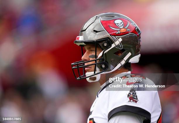 Tom Brady of the Tampa Bay Buccaneers looks on during pregame warm ups prior to the start of the game against the San Francisco 49ers at Levi's...