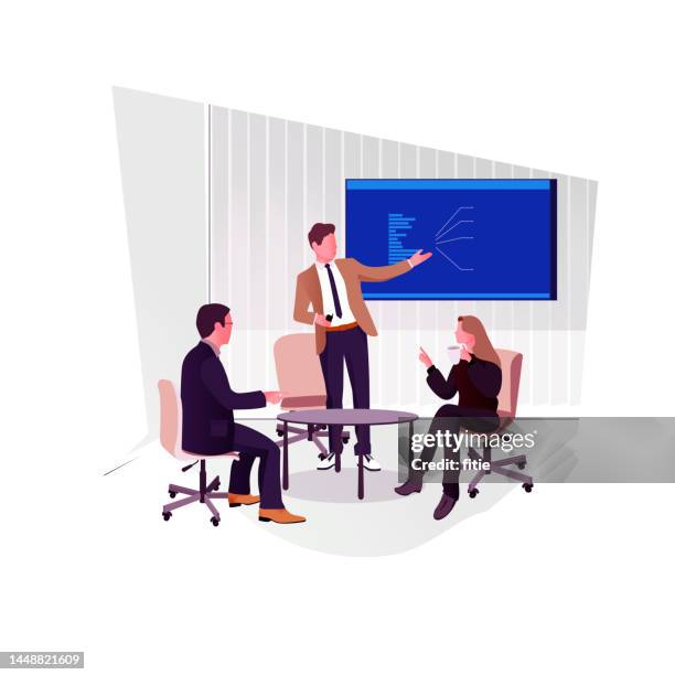 presentation in multi-ethnic office conference room. meeting of diverse young entrepreneurs, specialists, talking, using tv for infographics. businesspeople develop e-commerce startup - board meeting stock illustrations