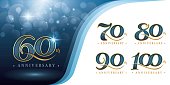 Set of 60 to 100 years Anniversary logotype design, Sixty to Hundred years Celebrating Anniversary Logo, Blue and Gold Elegant Classic Logo Celebration