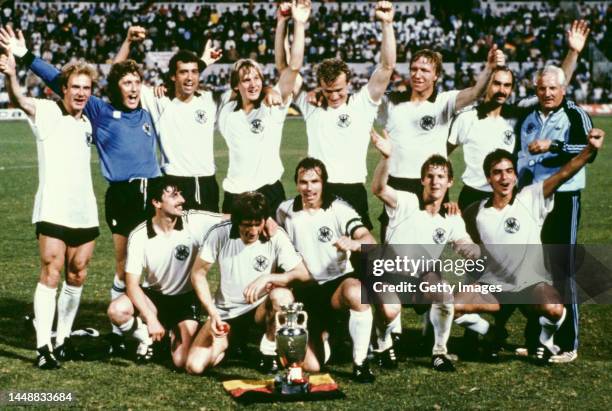 West Germany players celebrate after the UEFA Euro 1980 Final between Belgium and West Germany at the Stadio Olympico on June 22, 1980 in Rome,...