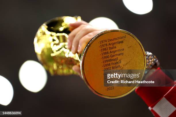 Detail of a replica FIFA World Cup Trophy prior to the FIFA World Cup Qatar 2022 semi final match between Argentina and Croatia at Lusail Stadium on...