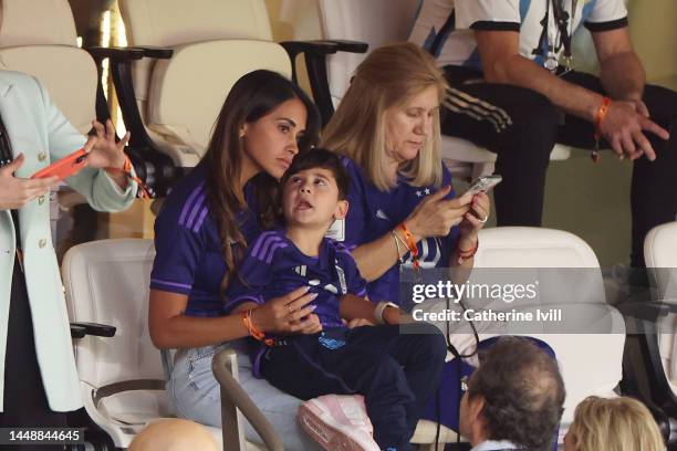 Antonela Roccuzzo, wife of Lionel Messi of Argentina and Celia Maria Cuccittini, mother of Lionel Messi of Argentina look on prior to the FIFA World...