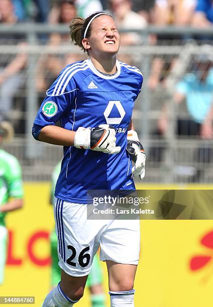 Desiree Schumann, goalkeeper of 1. FFC Frankfurt reacts during the Women's Bundesliga match between VfL Wolfsburg and 1. FFC Frankfurt at Stadion am...