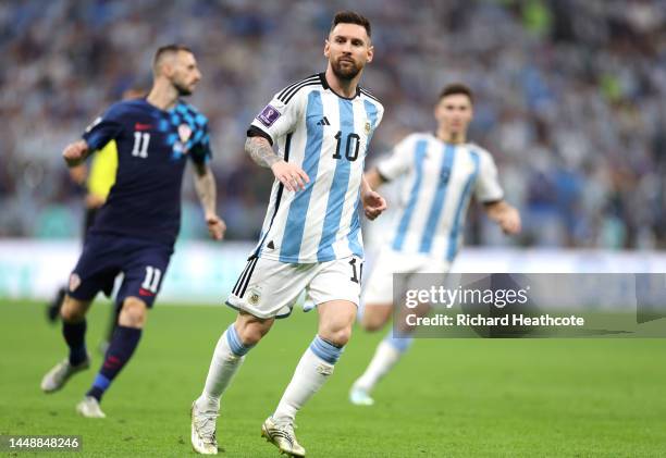 Lionel Messi of Argentina looks on during the FIFA World Cup Qatar 2022 semi final match between Argentina and Croatia at Lusail Stadium on December...