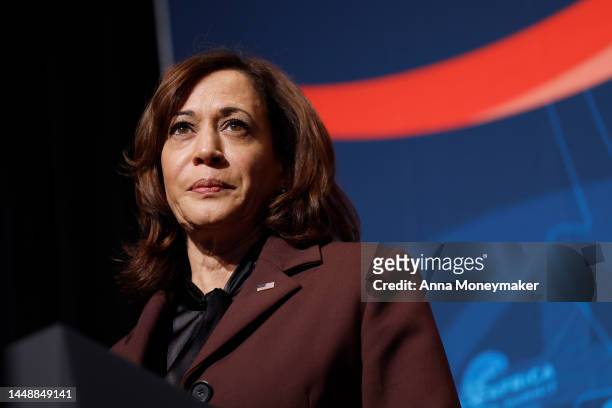 Vice President Kamala Harris gives remarks at the African and Diaspora Young Leaders Forum at the African American History and Culture Museum on...