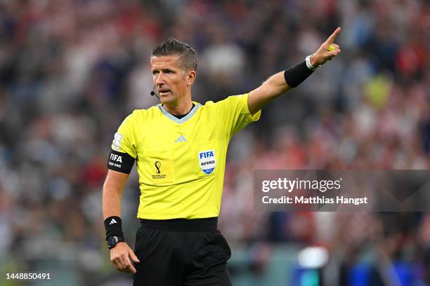 Referee Daniele Orsato gestures during the FIFA World Cup Qatar 2022 semi final match between Argentina and Croatia at Lusail Stadium on December 13,...