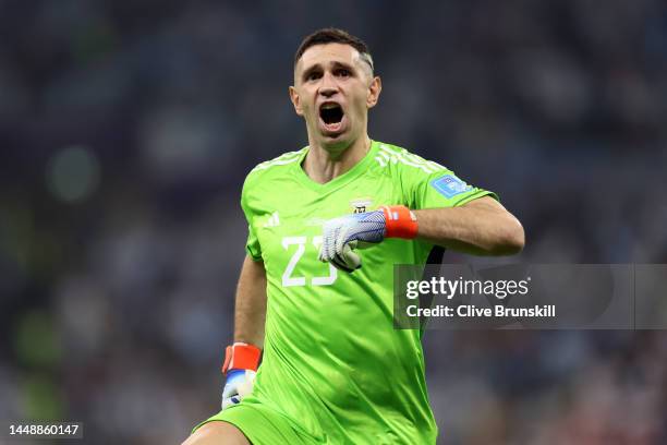 Emiliano Martinez of Argentina celebrates after their sides second goal during the FIFA World Cup Qatar 2022 semi final match between Argentina and...