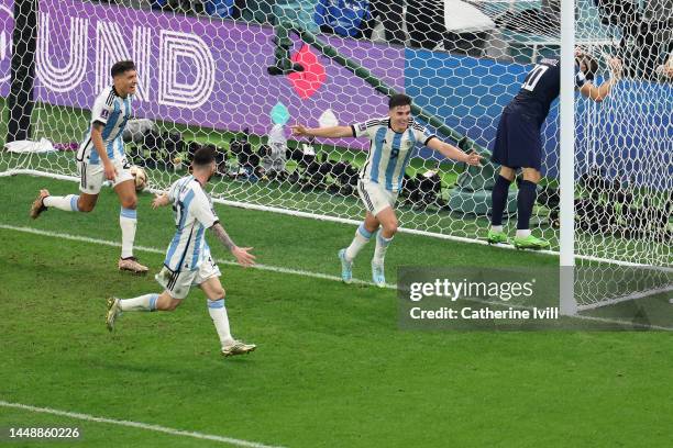 Julian Alvarez of Argentina celebrates after scoring their sides second goal during the FIFA World Cup Qatar 2022 semi final match between Argentina...