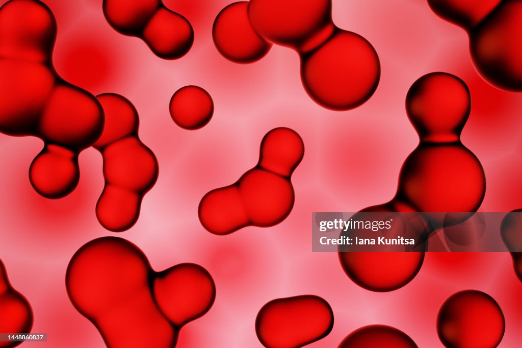 Blood cells, cancer cells on red background. Medicine and healthcare. 3d pattern.