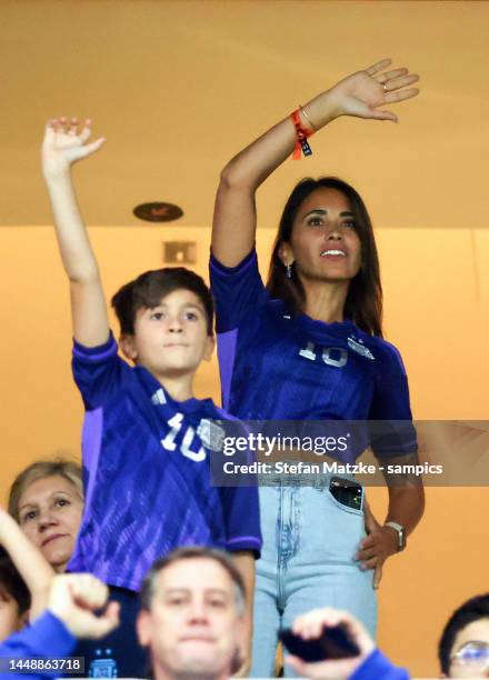 Antonella Roccuzzo wife of Lionel Messi of Argentina with son during the FIFA World Cup Qatar 2022 semi final match between Argentina and Croatia at...