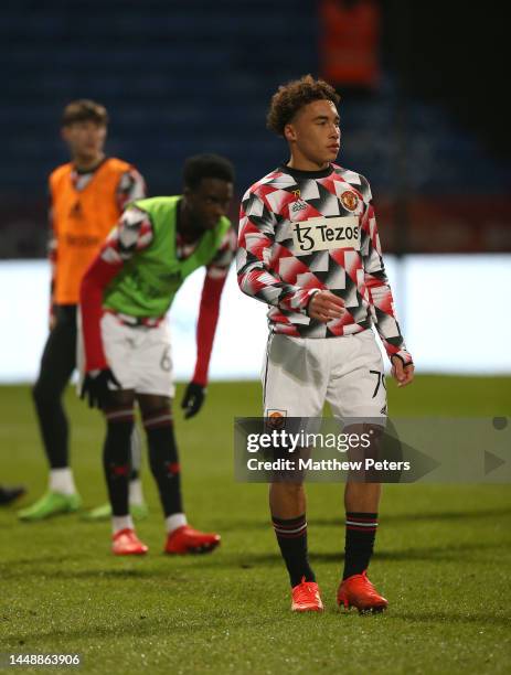 Sam Murray of Manchester United U21s warms up ahead of the Papa John's Trophy match between Bolton Wanderers and Manchester United U21s at University...