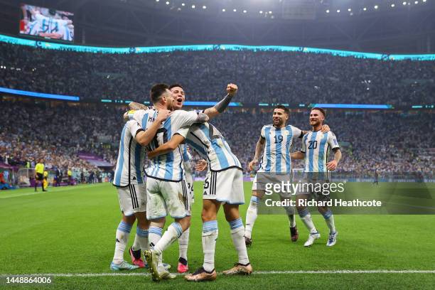 Julian Alvarez of Argentina celebrates with teammates after scoring their side's second goal during the FIFA World Cup Qatar 2022 semi final match...