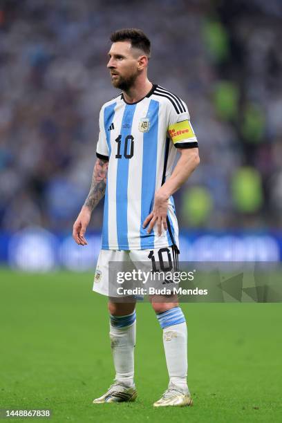 Lionel Messi of Argentina looks on during the FIFA World Cup Qatar 2022 semi final match between Argentina and Croatia at Lusail Stadium on December...