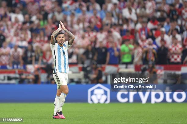 Leandro Paredes of Argentina reacts as they are substituted off during the FIFA World Cup Qatar 2022 semi final match between Argentina and Croatia...