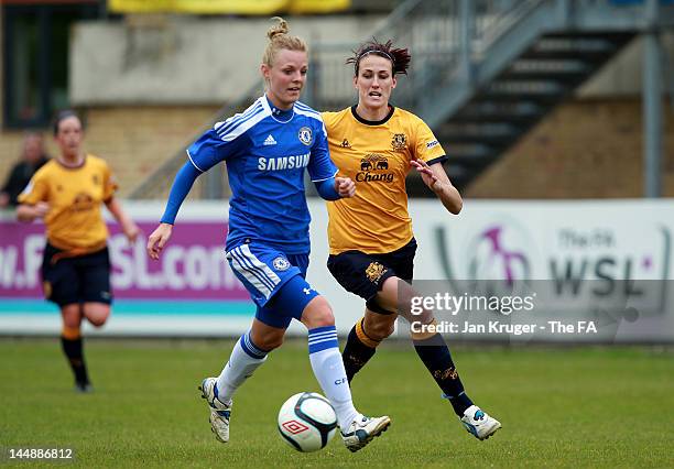 Sophie Ingle of Chelsea shields the ball from Jill Scott of Everton during the FA Women's Super League match between Chelsea Ladies FC and Everton...