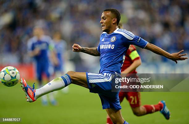 Chelsea's British defender Ryan Bertrand plays the ball during the UEFA Champions League final football match between FC Bayern Muenchen and Chelsea...