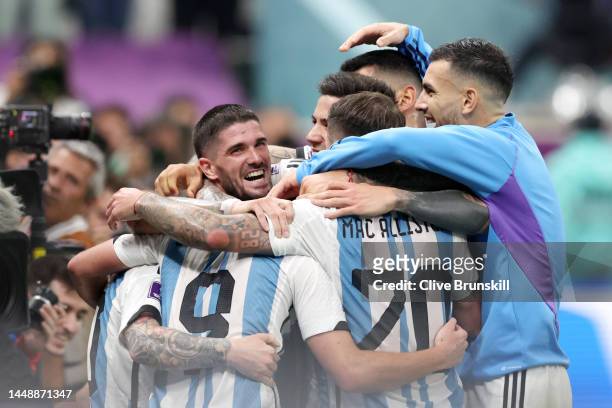 Julian Alvarez of Argentina celebrates with teammates after scoring the team's third goal during the FIFA World Cup Qatar 2022 semi final match...