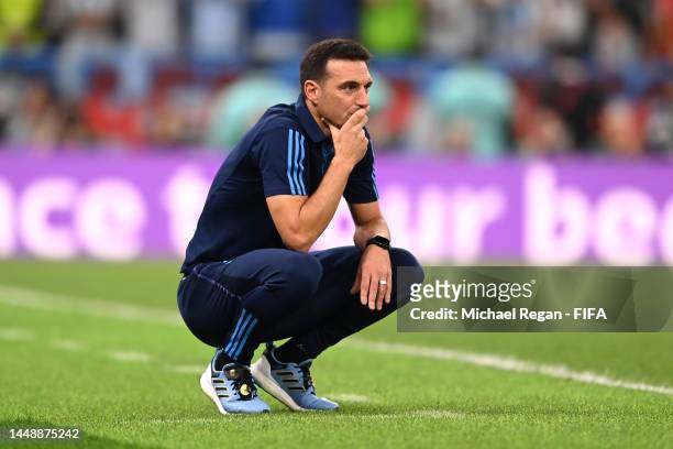 Lionel Scaloni, Head Coach of Argentina, looks on during the FIFA World Cup Qatar 2022 semi final match between Argentina and Croatia at Lusail...