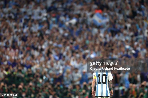 Lionel Messi of Argentina reacts during the FIFA World Cup Qatar 2022 semi final match between Argentina and Croatia at Lusail Stadium on December...