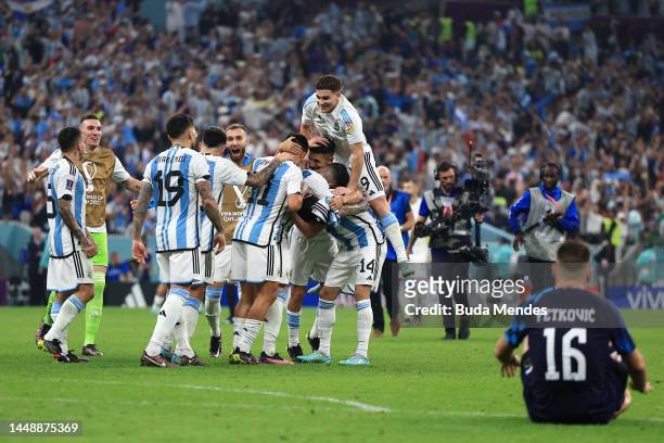 Argentina players celebrate their 3-0 victory in the FIFA World Cup Qatar 2022 semi final match between Argentina and Croatia at Lusail Stadium on...