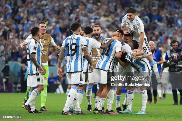 Argentina players celebrate their 3-0 victory in the FIFA World Cup Qatar 2022 semi final match between Argentina and Croatia at Lusail Stadium on...