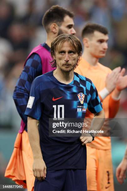 Luka Modric of Croatia looks dejected after their sides' elimination from the tournament during the FIFA World Cup Qatar 2022 semi final match...