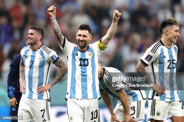 Lionel Messi of Argentina celebrates after the 3-0 win during the FIFA World Cup Qatar 2022 semi final match between Argentina and Croatia at Lusail...