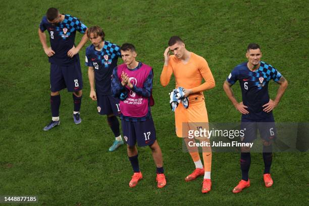 Mateo Kovacic, Luka Modric, Ante Budimir, Ivo Grbic and Dejan Lovren of Croatia look dejected following their sides defeat after the FIFA World Cup...