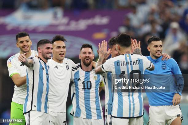 Argentina players celebrate after the team's victory during the FIFA World Cup Qatar 2022 semi final match between Argentina and Croatia at Lusail...