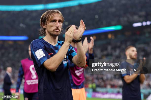 Luka Modric of Croatia applauds fans after the 0-3 loss during the FIFA World Cup Qatar 2022 semi final match between Argentina and Croatia at Lusail...