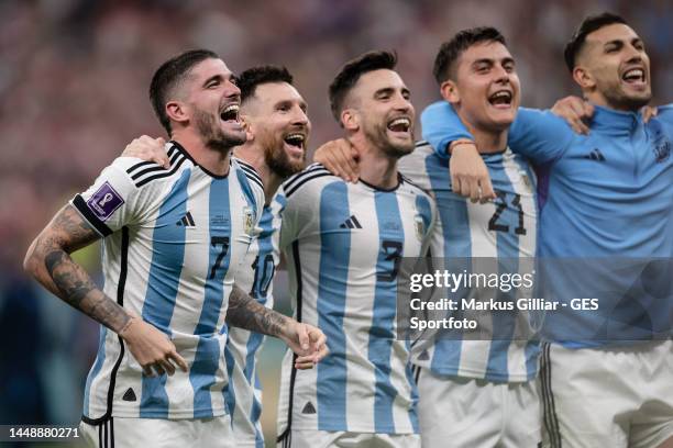 Rodrigo De Paul, Lionel Messi, Nicolas Tagliafico and Paulo Dybala of Argentina celebrates victory after the FIFA World Cup Qatar 2022 semi final...