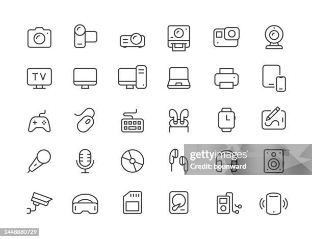 ilustraciones, imágenes clip art, dibujos animados e iconos de stock de iconos de línea de dispositivos. trazo editable. - web cam icon