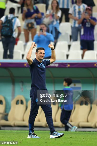 Lionel Scaloni, Head Coach of Argentina, celebrates after the 3-0 win during the FIFA World Cup Qatar 2022 semi final match between Argentina and...