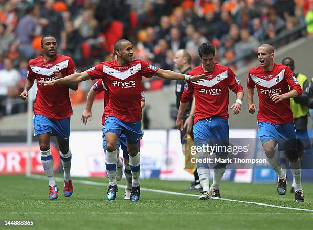 Ashley Chambers of York City celebrates his goal during the Blue Square Bet Premier League Play Off Final between Luton Town and York City, at...