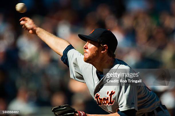 Collin Balester of the Detroit Tigers pitches during the game against the Detroit Tigers at Yankee Stadium on April 29, 2012 in the Bronx borough of...