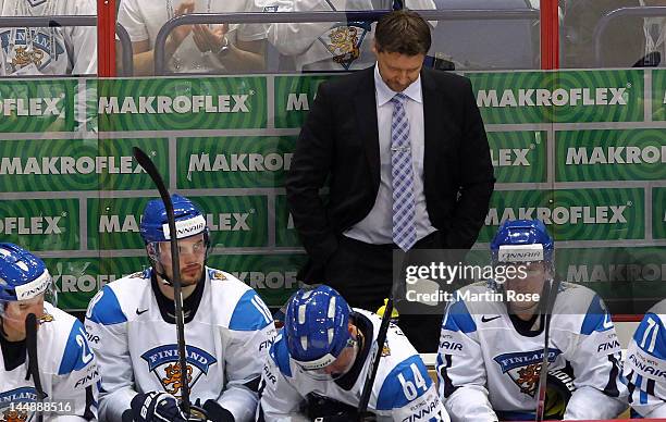 Jukka Jalonen , head caoch of Finland looks dejected after the IIHF World Championship bronze medal match between Finland and Czech Republic at...